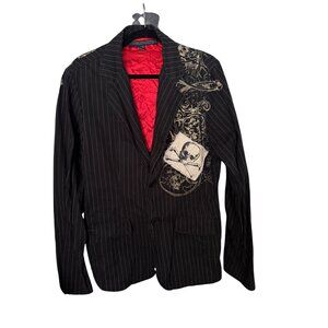 Our Silent Procession Black Pinstripe Blazer Jacket With Skull Graphic Red Linin